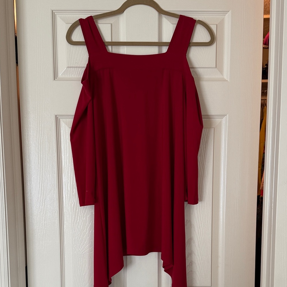 CLARA SUNWOO Asymmetrical Red Cold Shoulder Tunic